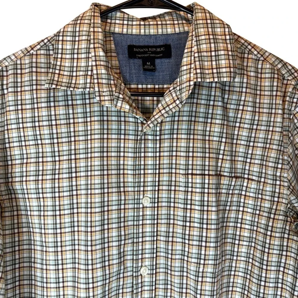 Banana Republic Mens Medium Button Up Shirt Tan Plaid Soft Wash Stretch Slim Fit